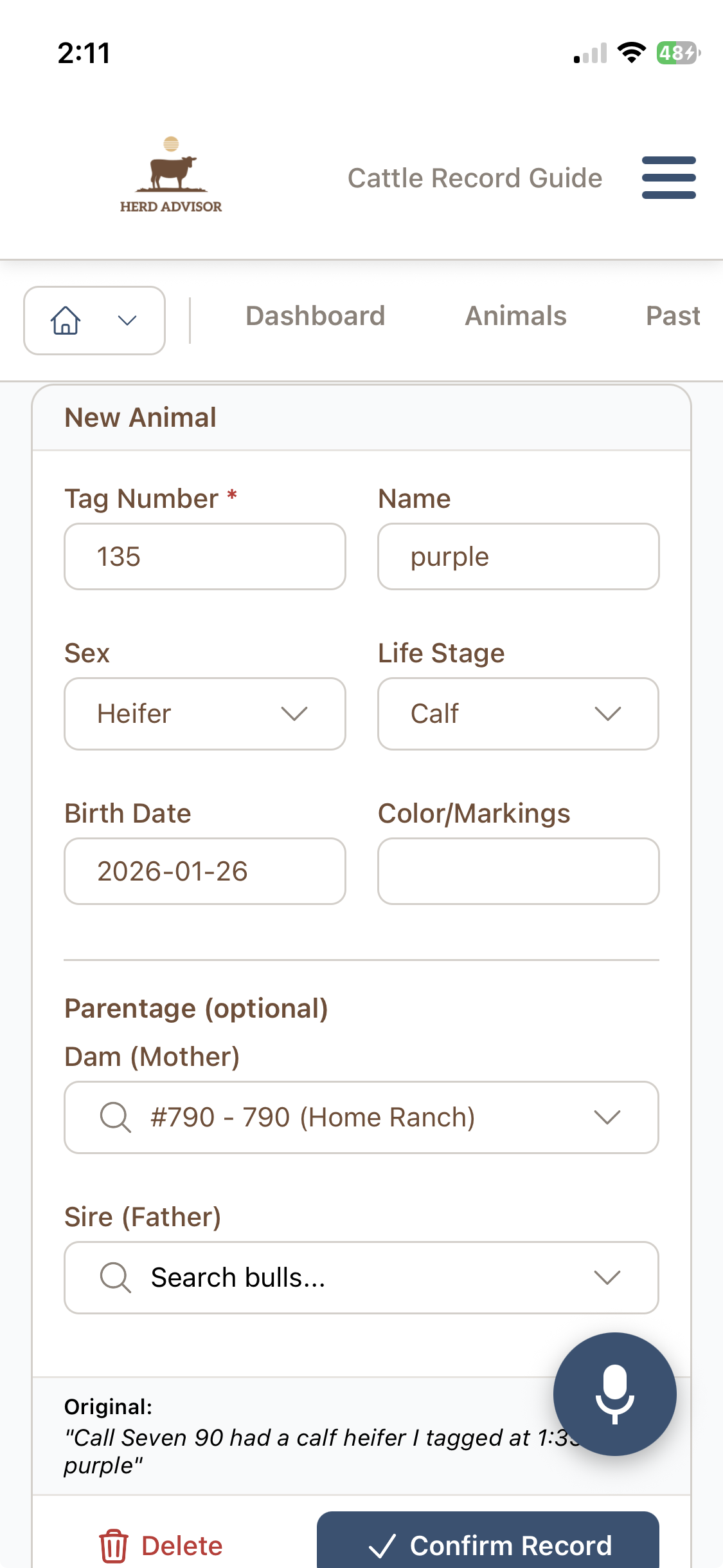 Records for Review showing parsed calving record